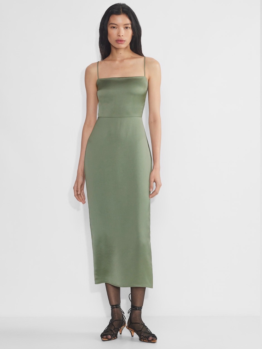 Aritzia Olive Green Satin Slip Midi Dress